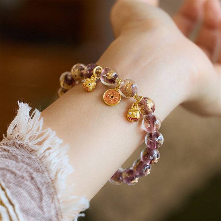 Buddha Stones Gold Swallowing Beast Copper Coin Good Luck Charm Liuli Glass Bead Fortune Bracelet - Purple Liuli Glass Bead(Wrist Circumference 14-16cm) - image 7