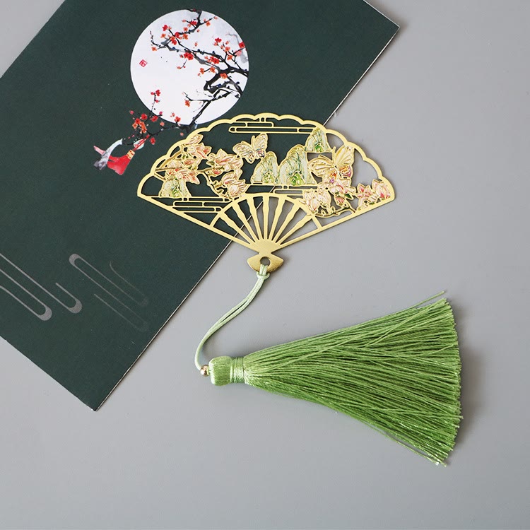 Buddha Stones Traditional Butterfly Lotus Flower Crane Dragon Phoenix Fox Koi Fish New Beginning Metal Brass Hollow Fan Bookmarks - Butterfly Flower - image 0