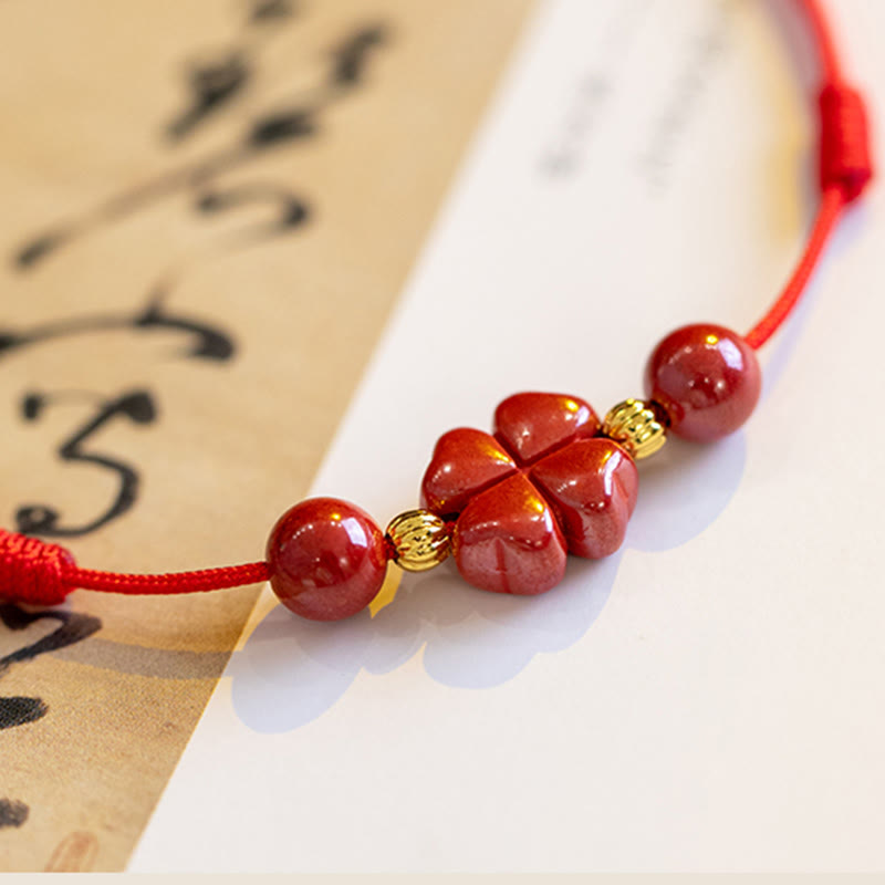 Buddha Stones Four Leaf Clover Cinnabar Blessing Calm String Bracelet Anklet - image 6