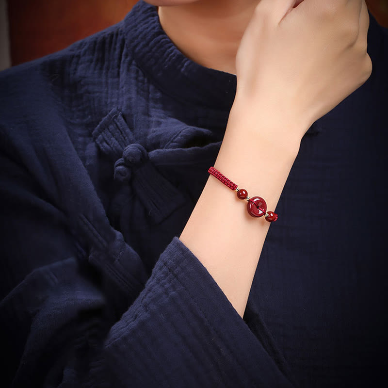Buddha Stones Natural Cinnabar Peace Buckle Blessing String Bracelet - image 2