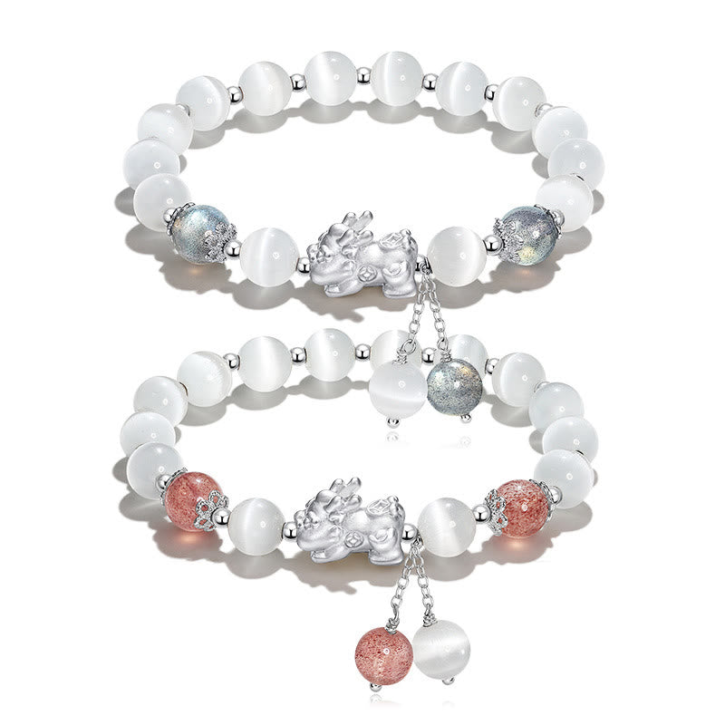 Buddha Stones Natural Cat's Eye Moonstone Strawberry Quartz PiXiu Support Bracelet - image 12