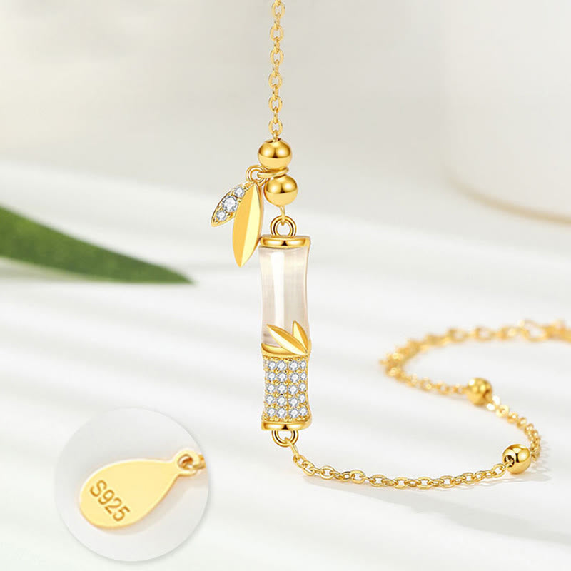 Buddha Stones 925 Sterling Silver 18K Gold Plated White Jade Bamboo Zircon Leaf Luck Bracelet - image 4