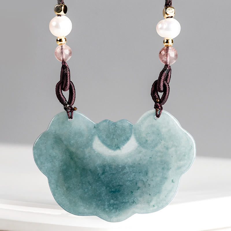 Buddha Stones Natural Jade Peony Flower Lock of Good Wishes Prosperity Necklace Pendant - image 4