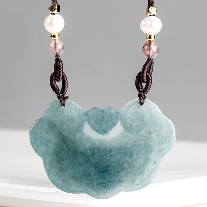 Buddha Stones Natural Jade Peony Flower Lock of Good Wishes Prosperity Necklace Pendant - image 4