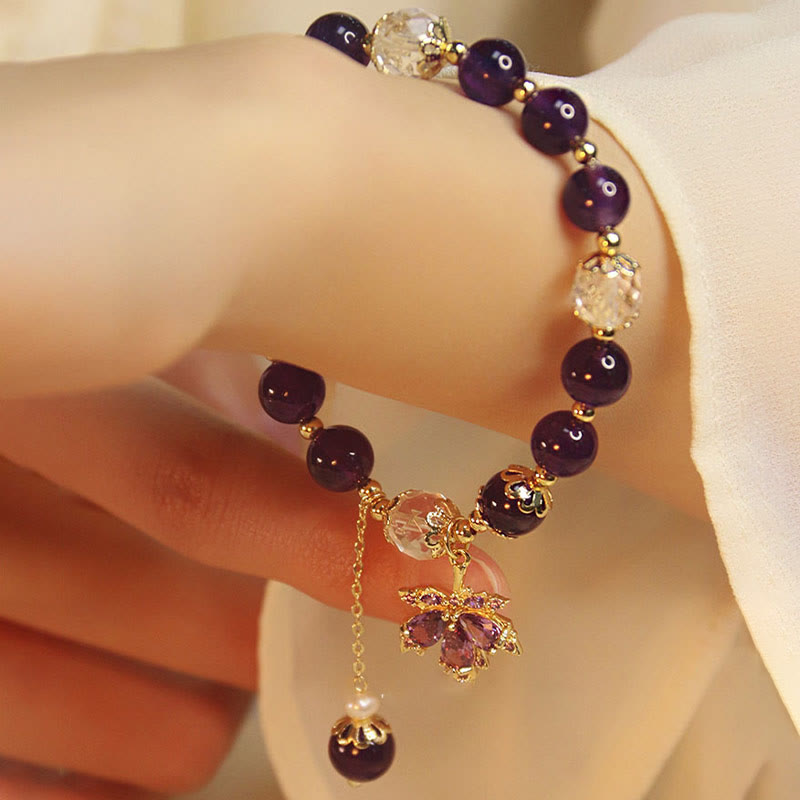Buddha Stones 14k Gold Plated Natural Amethyst Healing Maple Leaf Charm Bracelet - image 7