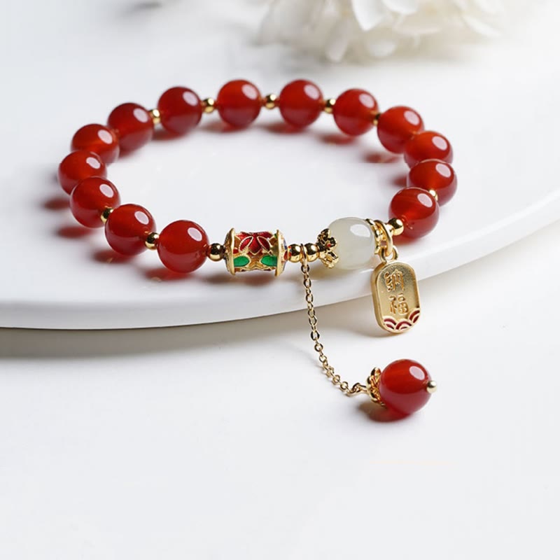 Buddha Stones Natural Red Agate Hetian Jade Fu Character Confidence Charm Bracelet - Red Agate&Fu Character - image 0