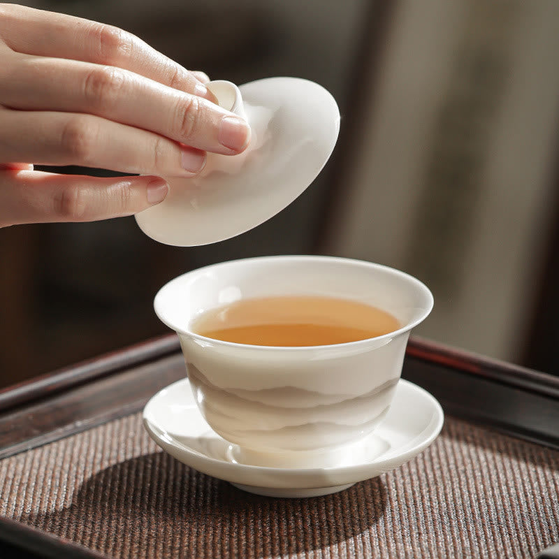 Buddha Stones Vintage Ink Painting Mountain White Porcelain Ceramic Gaiwan Sancai Teacup Kung Fu Tea Cup And Saucer With Lid Tea Utensil Teapot - image 2