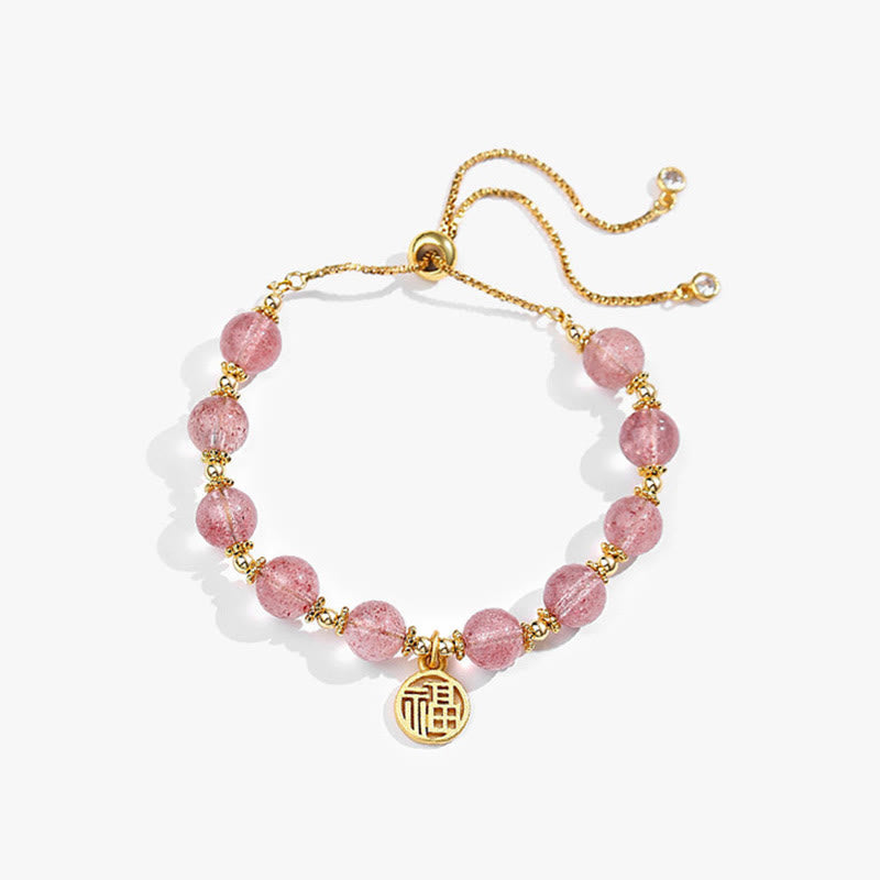 Buddha Stones 14K Gold Plated Natural Strawberry Quartz Fu Character Positive Charm Bracelet - image 1