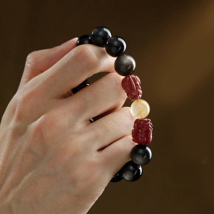 Buddha Stones Gold Sheen Obsidian PiXiu Cinnabar Om Mani Padme Hum Protection Bracelet - image 7