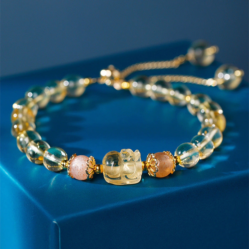 Buddha Stones Aquamarine Strawberry Quartz Amethyst Moonstone PiXiu Healing Bracelet - Citrine (Happiness ♥ Prosperity) - image 6