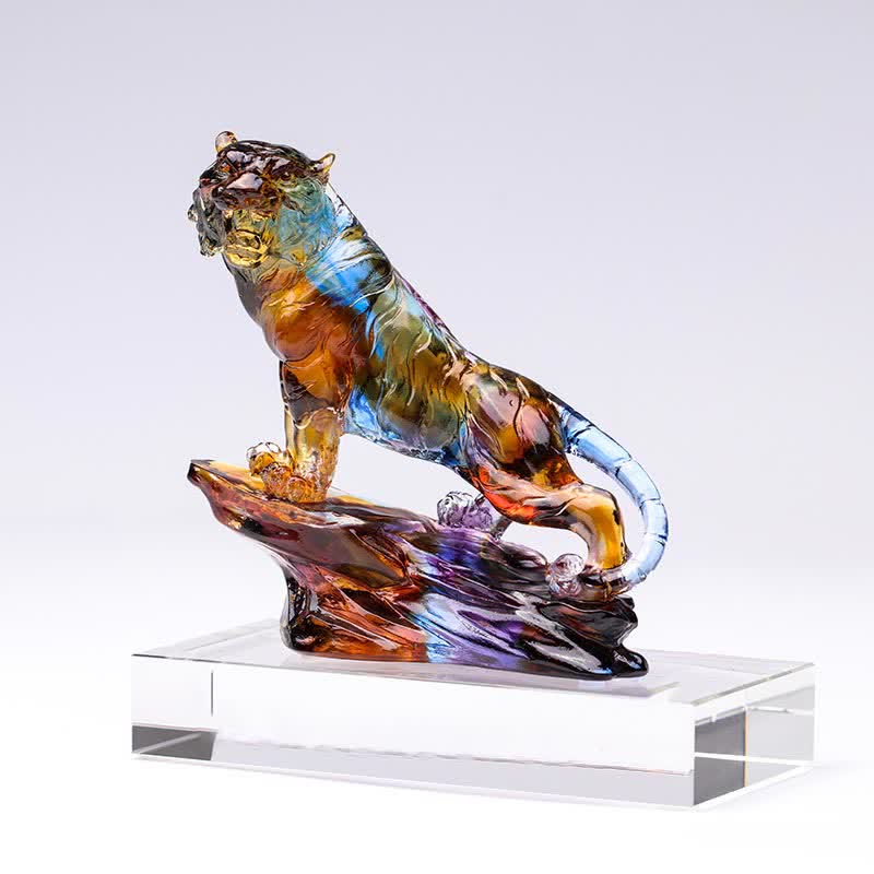 Buddha Stones Handmade Liuli Crystal Tiger Art Piece Protection Home Decoration - Purple&Base - image 15