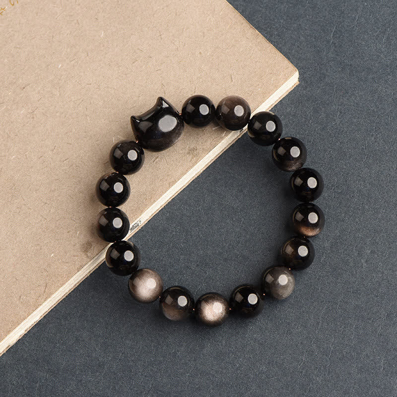 Buddha Stones Gold Sheen Obsidian Silver Sheen Obsidian Lovely Paw Lucky Cat Protection Bracelet - Silver Sheen Obsidian - Cat Head - 8mm - image 32