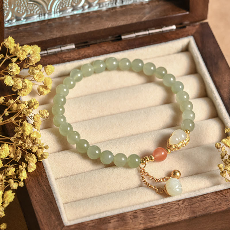 Buddha Stones 925 Sterling Silver Hetian Jade Gourd Lotus Abundance Luck Bracelet - Hetian Jade(Prosperity♥Abundance) - image 0