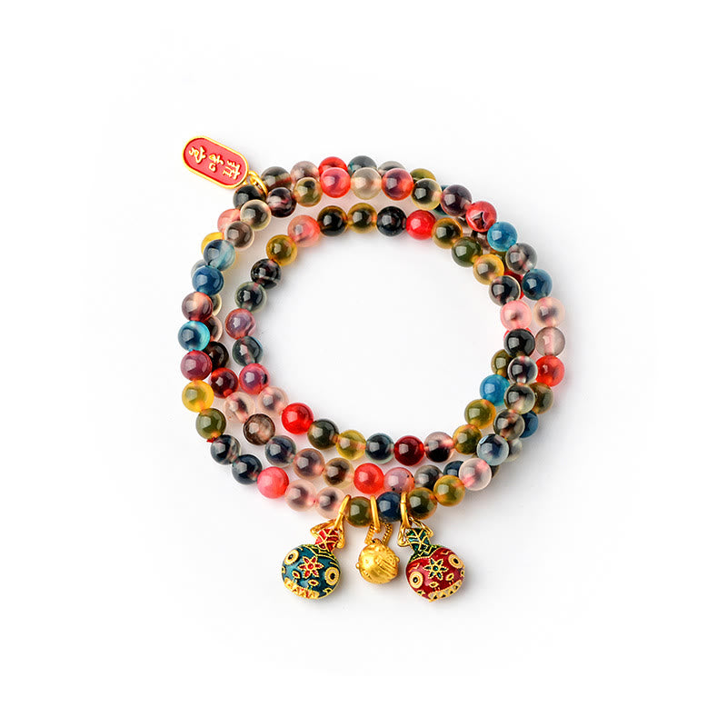Buddha Stones Colorful Candy Agate Gold Swallowing Beast Family Strength Charm Triple Wrap Bracelet - image 9