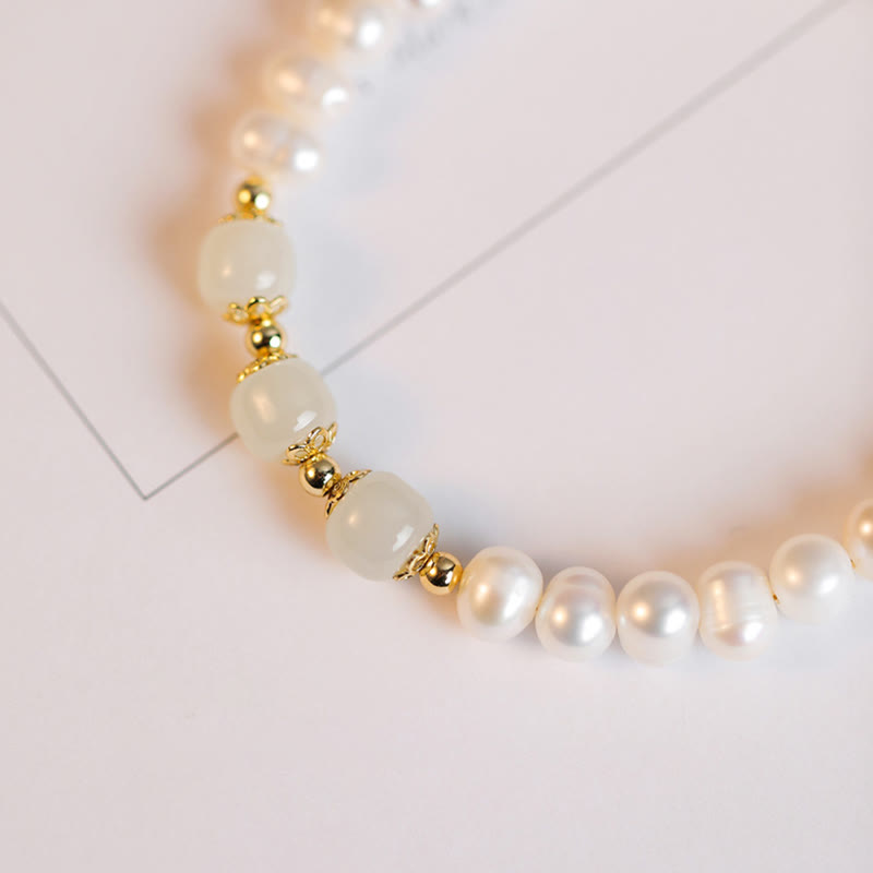 Buddha Stones 14K Gold Plated Natural Pearl Hetian Cyan Jade White Jade Sincerity Bead Chain Bracelet - image 14
