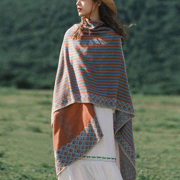 Buddha Stones Tibetan Shawl Striped Diamond Pattern Winter Warm Soft Scarf - Orange Light Blue - image 0