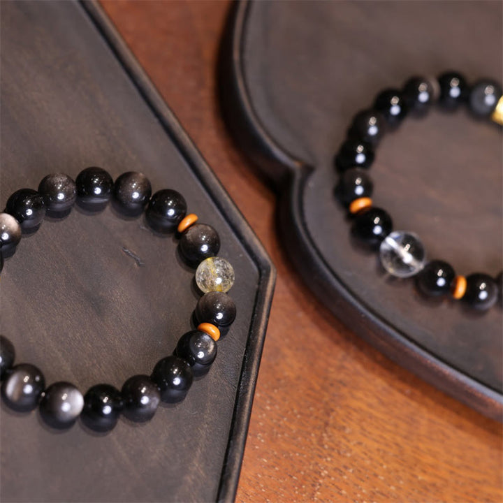 Buddha Stones Natural Silver Sheen Obsidian Crystal Om Mani Padme Hum Bead Protection Bracelet - image 2