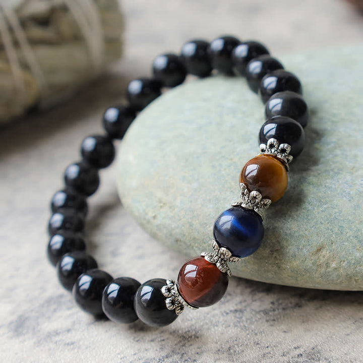 Natural Black Obsidian Tricolor Tiger Eye Strength Bracelet - image 3