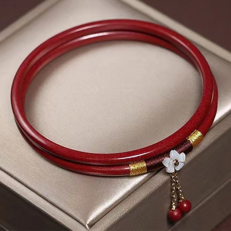 Buddha Stones 2Pcs Cinnabar Flower Blessing Bangle Charm Bracelet - image 1