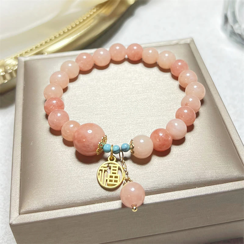 Buddha Stones Natural Orange Stone Turquoise Fu Character Charm Luck Fortune Bracelet - image 1