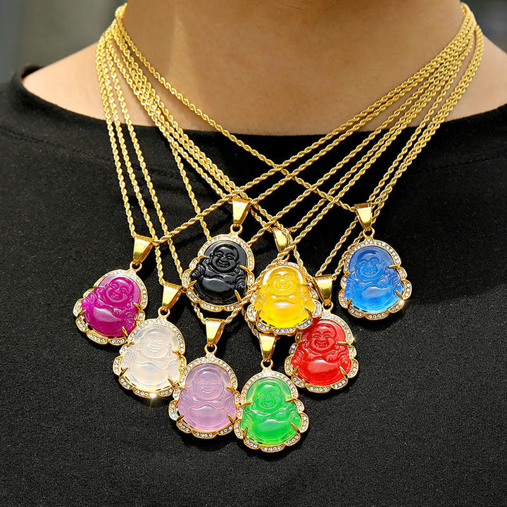 Buddha Stones 18K Gold Filled Laughing Buddha Jade Luck Necklace Chain Pendant - image 21