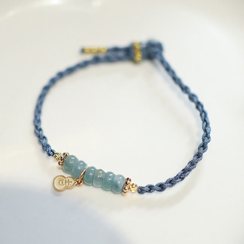 Buddha Stones 925 Sterling Silver Natural Jade Gourd Rutilated Quartz Fu Character Luck Braid Bracelet - image 1