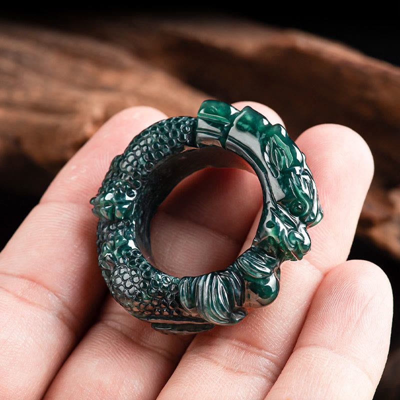 Buddha Stones Natural Cyan Jade Dragon Carved Success Ring - image 5