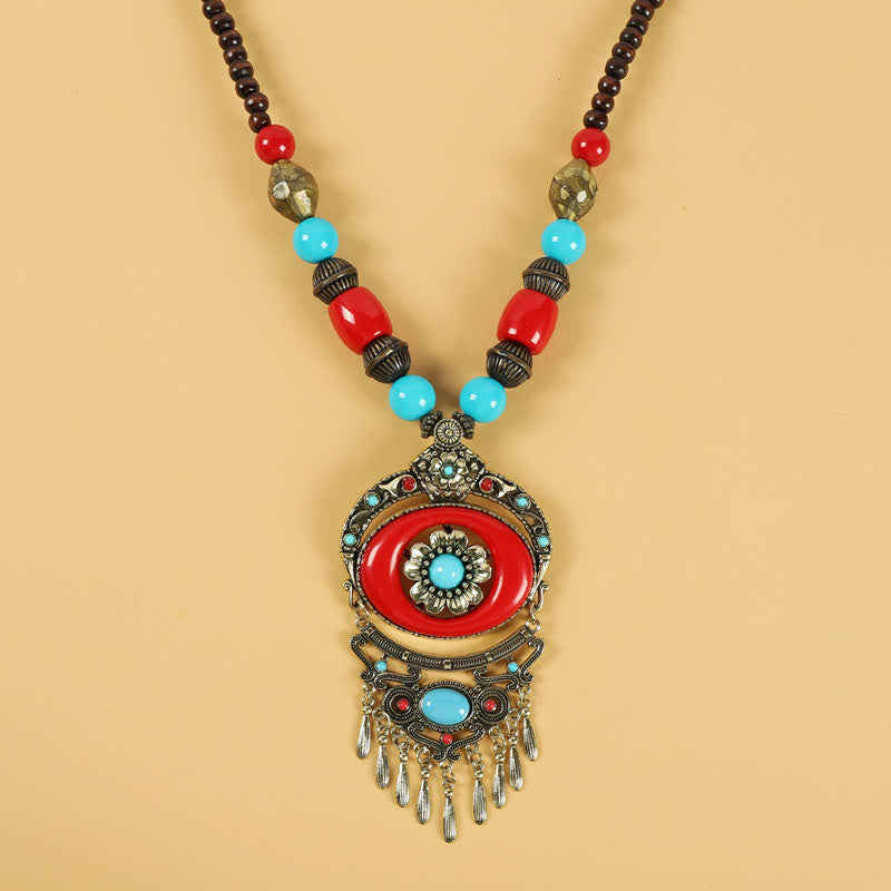 Tibetan Retro Beads Tassel Hair Decoration Hair Accessories - Flowers-Red - image 12
