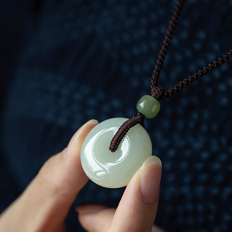 Buddha Stones Natural Round Jade Peace Buckle Luck Prosperity Necklace Pendant - image 4