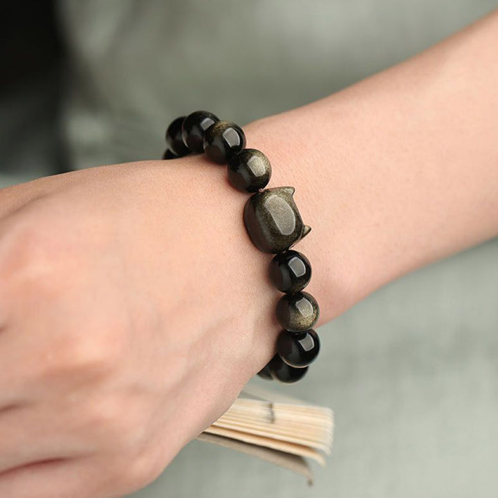Buddha Stones Gold Sheen Obsidian Silver Sheen Obsidian Lovely Paw Lucky Cat Protection Bracelet - image 10