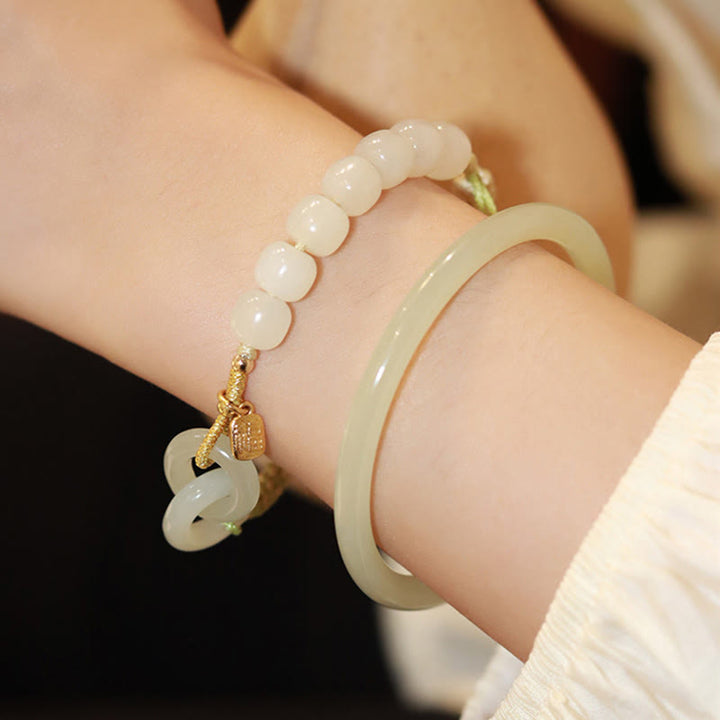 Buddha Stones Natural Hetian Jade Bead Double Peace Buckle Fu Character Abundance Braided Bracelet - image 7