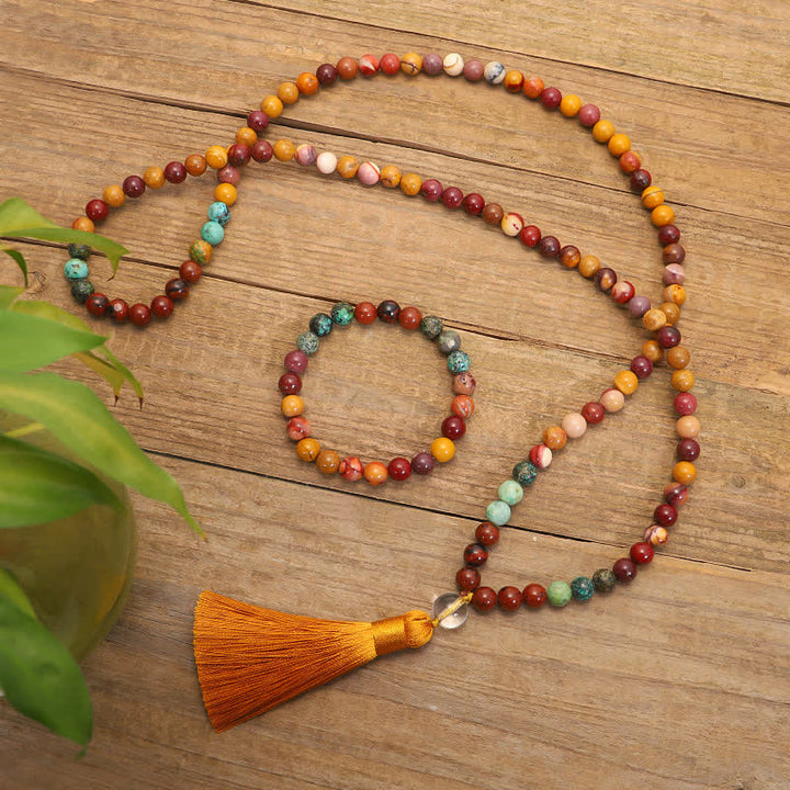 Buddha Stones 108 Mala Beads Mookaite Emotional Growth Bracelet Tassel Necklace Pendant - image 1
