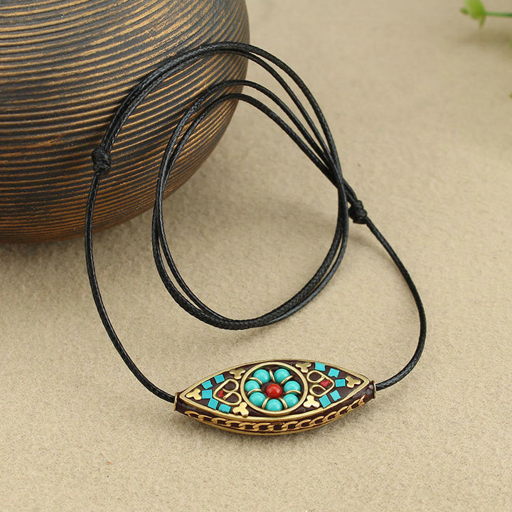 Buddha Stones Tibet Turquoise Bead Marquise Pattern Protection Strength Necklace Pendant - image 1