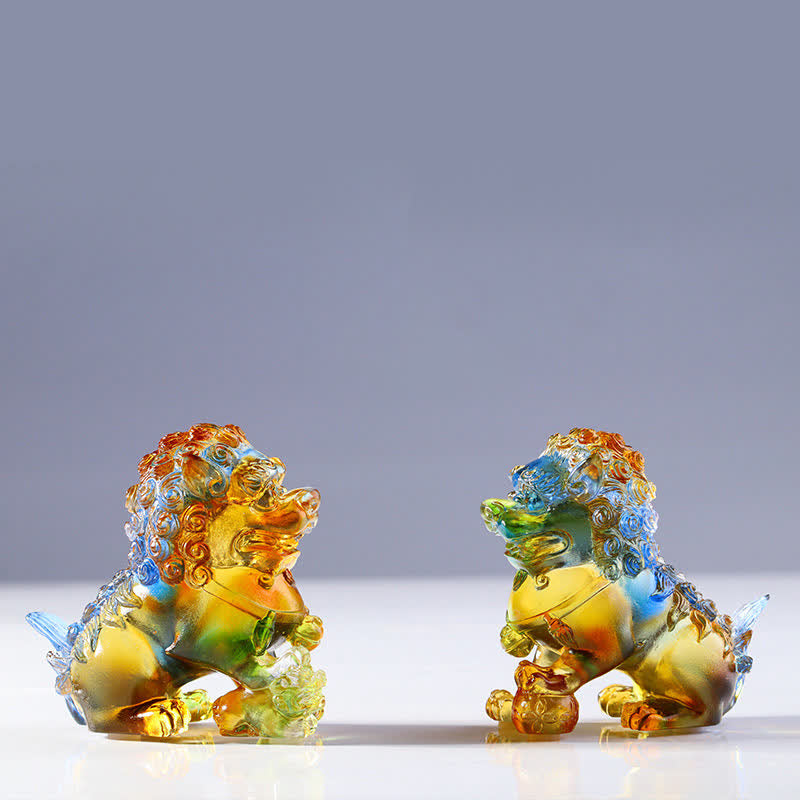 Buddha Stones Handmade Liuli Crystal Lion Art Piece Strength Home Office Decoration - A Pair of Colorful Lions - image 13