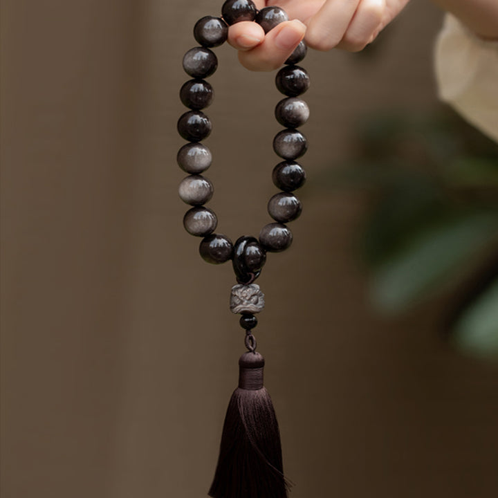 Buddha Stones Natural Silver Sheen Obsidian Black Obsidian Lion Wrist Mala Protection Tassels Pocket Mala Car Decoration - image 7