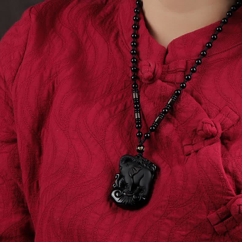 Black Obsidian Elephant Protection String Necklace Pendant Key Chain - image 2