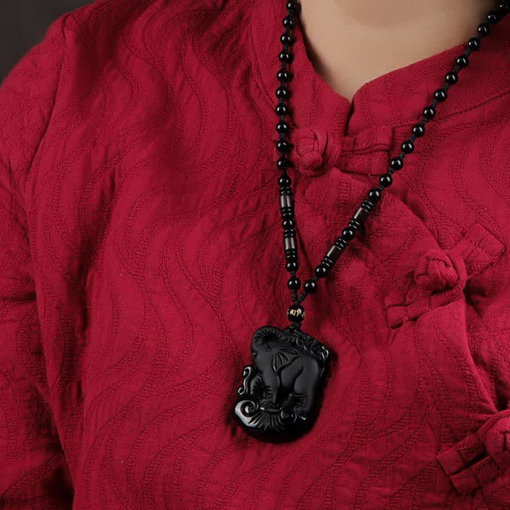 Black Obsidian Elephant Protection String Necklace Pendant Key Chain - image 2
