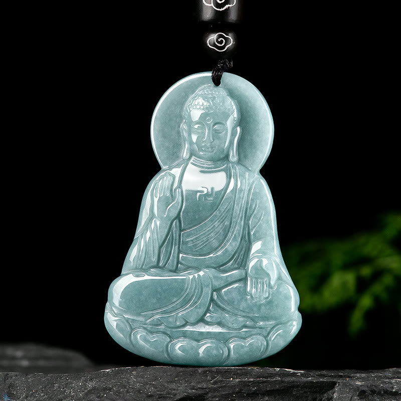 Buddha Stones Amitabha Buddha Natural Jade Lotus Amulet Compassion String Necklace Pendant - image 1