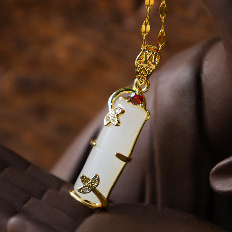 Buddha Stones White Jade Cyan Jade Bamboo Luck Protection Necklace Pendant - image 10
