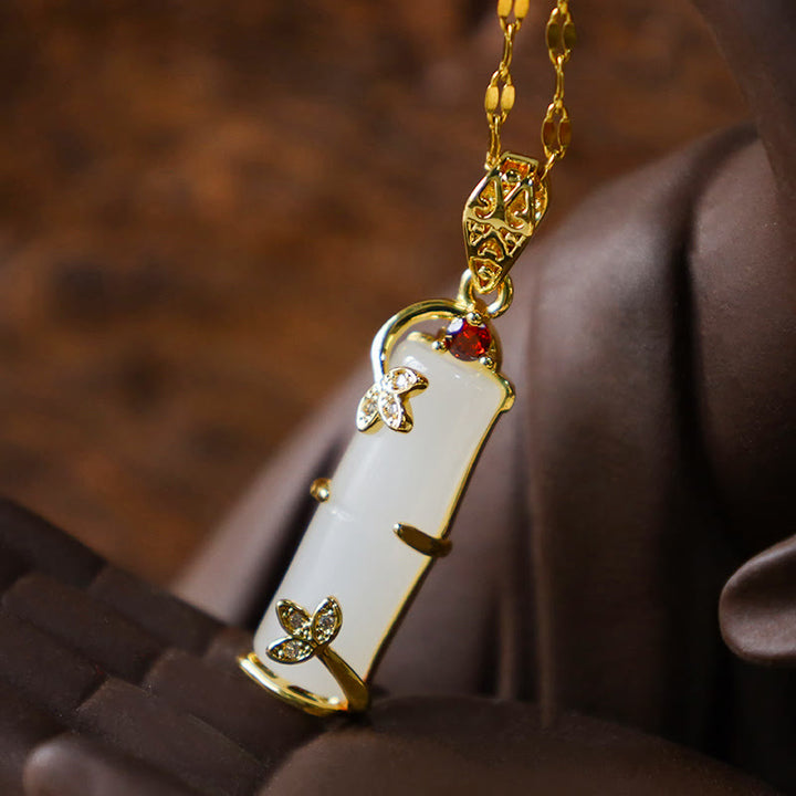Buddha Stones White Jade Cyan Jade Bamboo Luck Protection Necklace Pendant - image 10