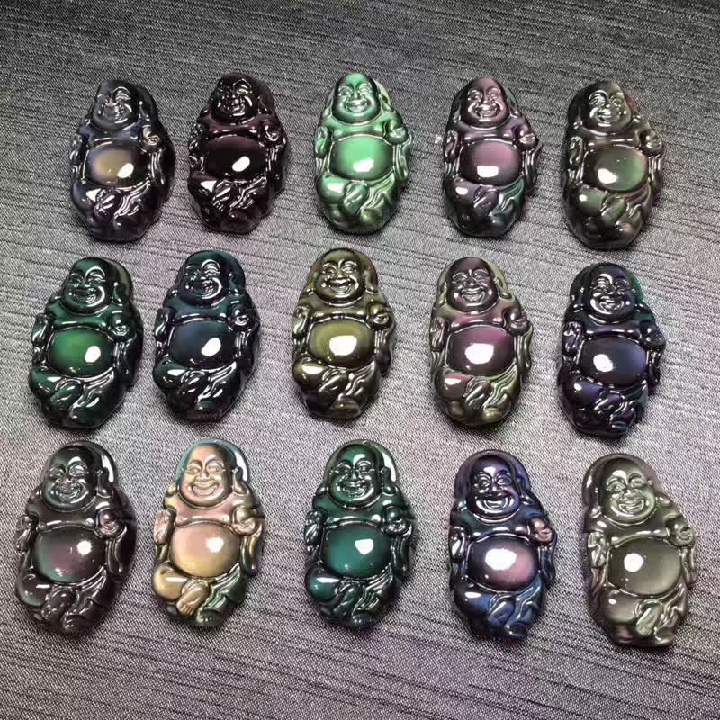 Natural Rainbow Obsidian Laughing Buddha Inner Peace Necklace Pendant - image 12