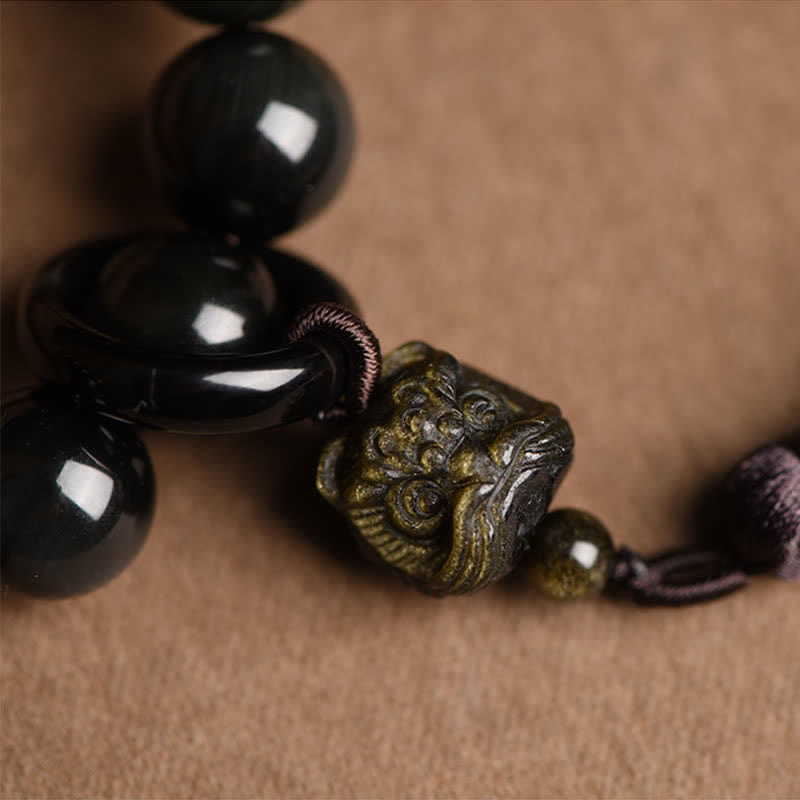 Buddha Stones Natural Black Obsidian Lion Wrist Mala Protection Tassels Pocket Mala Car Decoration - image 4