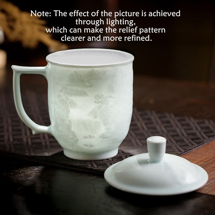 Buddha Stones Jingdezhen White Porcelain Handmade Great Wall Landscape Engraved Ceramic Teacup Office Mug Tea Cups - image 12