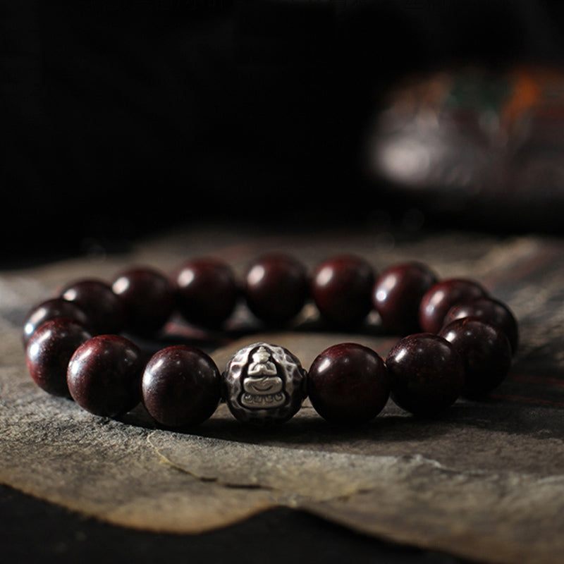 Buddha Stones 999 Sterling Silver Green Sandalwood Small Leaf Red Sandalwood Buddha Cure Bracelet - Small Leaf Red Sandalwood(Balance♥Calm) - 10mm - image 5