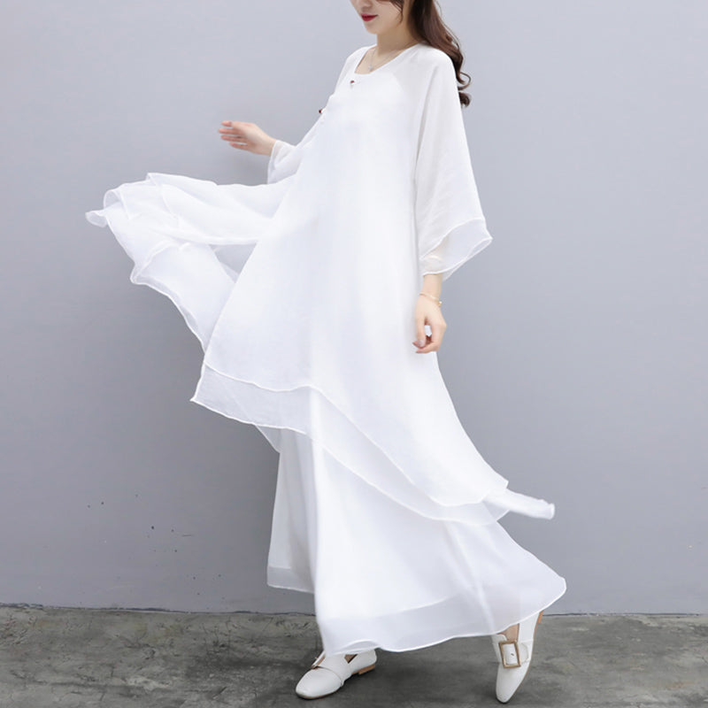 Buddha Stones 3Pcs Yoga Chiffon Clothing Uniform Meditation Zen Practice Women's Set - White Suit(Top+Pants+Suspenders) - US6，UK/AU10，EU38 (XL) - image 20