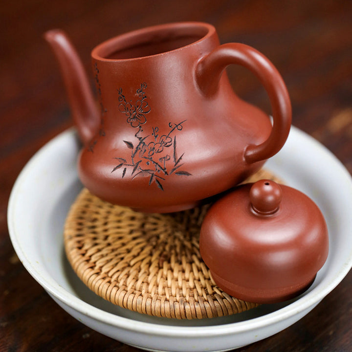 Buddha Stones Vintage Bamboo Peach Blossom Purple Clay Kung Fu Teapot - image 5