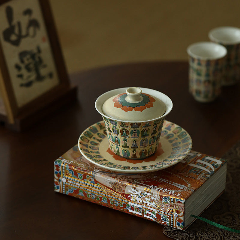 Buddha Stones Dunhuang Color Thousand Buddhas Flying Apsaras Pattern Gaiwan Teacup Kung Fu Tea Cup With Lid - image 2