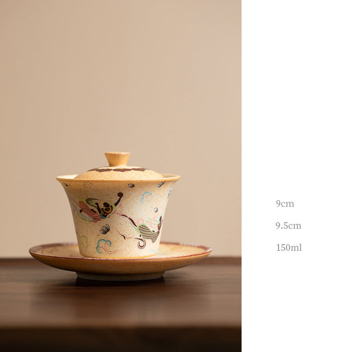 Buddha Stones Dunhuang Color Thousand Buddhas Flying Apsaras Pattern Gaiwan Teacup Kung Fu Tea Cup With Lid - Dunhuang Flying apsaras 9cm*9.5cm*150ml - image 8