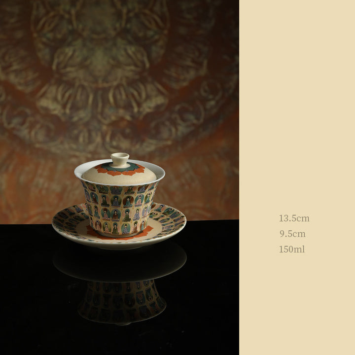 Buddha Stones Dunhuang Color Thousand Buddhas Flying Apsaras Pattern Gaiwan Teacup Kung Fu Tea Cup With Lid - image 5
