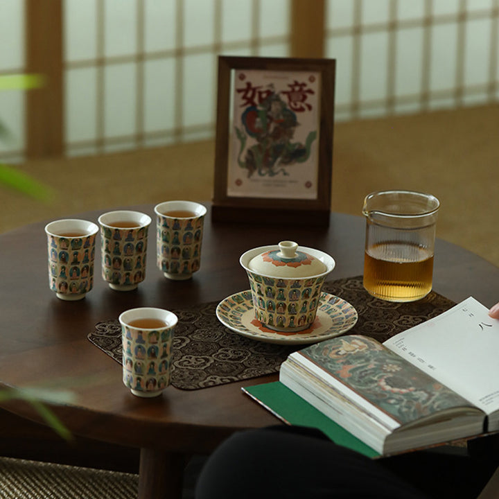 Buddha Stones Dunhuang Color Thousand Buddhas Flying Apsaras Pattern Gaiwan Teacup Kung Fu Tea Cup With Lid - image 12